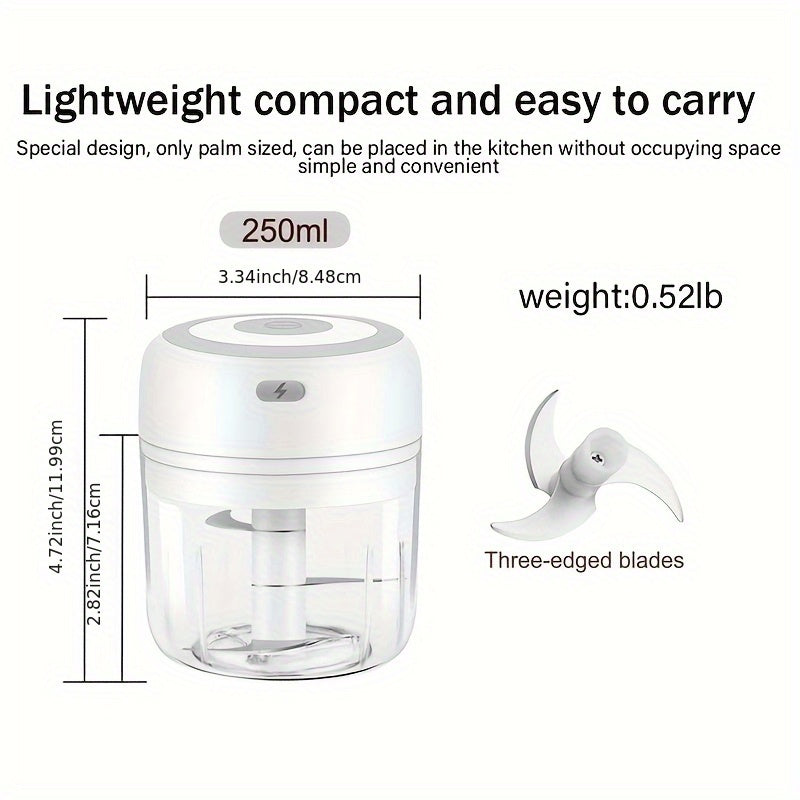 USB-Powered Electric Garlic Chopper & Vegetable Food Processor - 8.45oz Portable Mini Chopper with 1400 RPM Motor, Multi-Function for Onion, Ginger, Meat, Fruit - Includes Interchangeable Blades & Cleaning Brush, Compact Design for Quick Kitchen Prep,