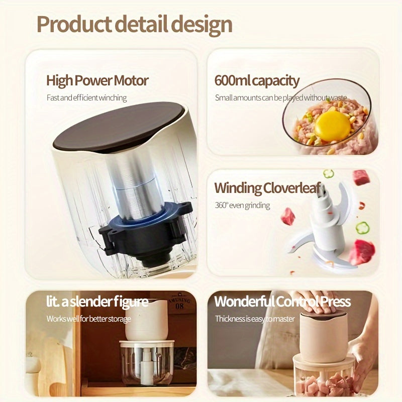 Versatile Wireless Meat Grinder with USB Charging - 20.29oz Capacity, Multi-Function Electric Food Processor, Juicer & Ice Crusher, Meat Grinder, Ice Crusher