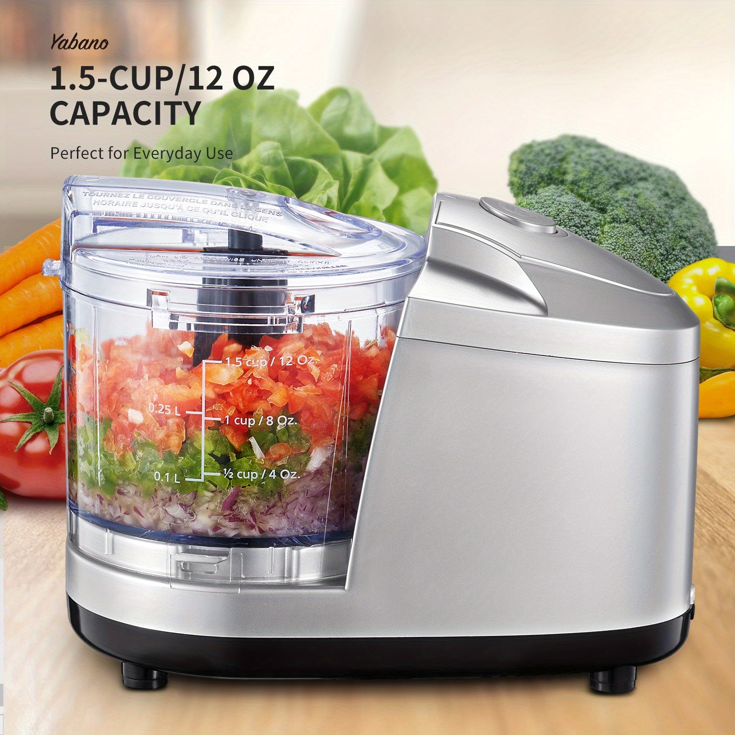 Yabano 1.5-Cup Mini Electric Food Chopper & Processor | One-Touch Operation, Stainless Steel Blades, Easy Clean, Compact Design | Perfect for Chopping Vegetables, Fruits, Nuts & Meats | Ideal for Daily Kitchen Use, Daily Cooking Aid | Compact Chopper |