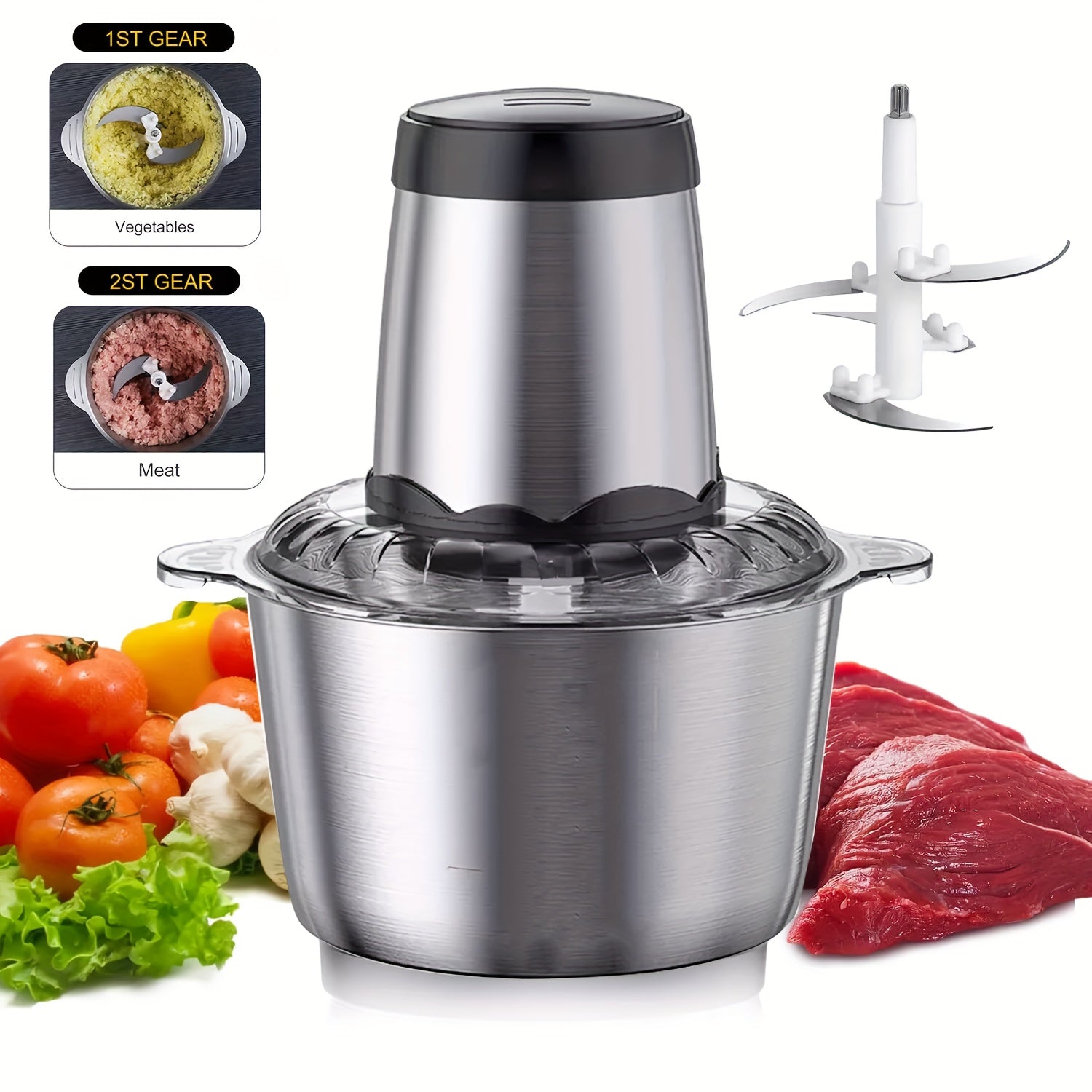 [Powerful Food Processor] 300W 2 Speed Food Processors for Home and Kitchen Use | Meat Grinder with 4 Bi-Level Blades, Electric Food Chopper for Meat/Vegetable/Fruits/Nuts