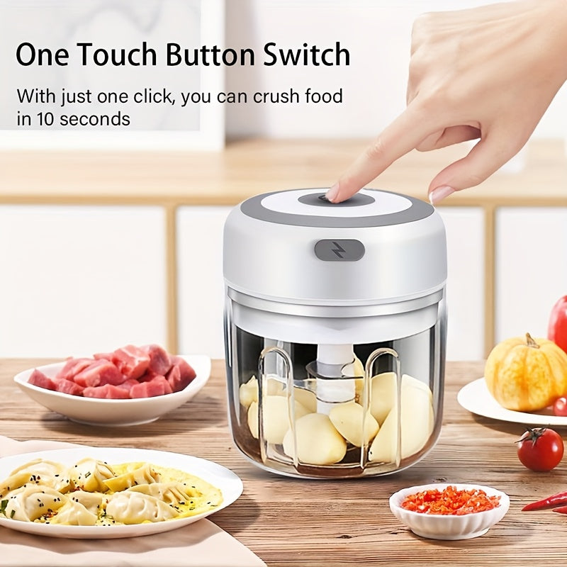 USB-Powered Electric Garlic Chopper & Vegetable Food Processor - 8.45oz Portable Mini Chopper with 1400 RPM Motor, Multi-Function for Onion, Ginger, Meat, Fruit - Includes Interchangeable Blades & Cleaning Brush, Compact Design for Quick Kitchen Prep,