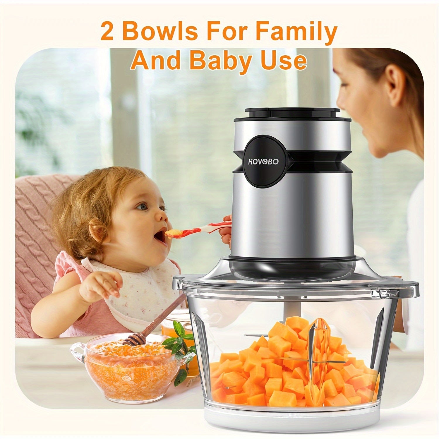 Food Processor, 500W Electric Meat Grinder Food Chopper with Two 8 Cup Bowls & 2 Bi-Level Blades, 2 Speed Kitchen Cutter for Vegetable, Onion, Garlic, Meat, Nuts, And Baby Food, Black