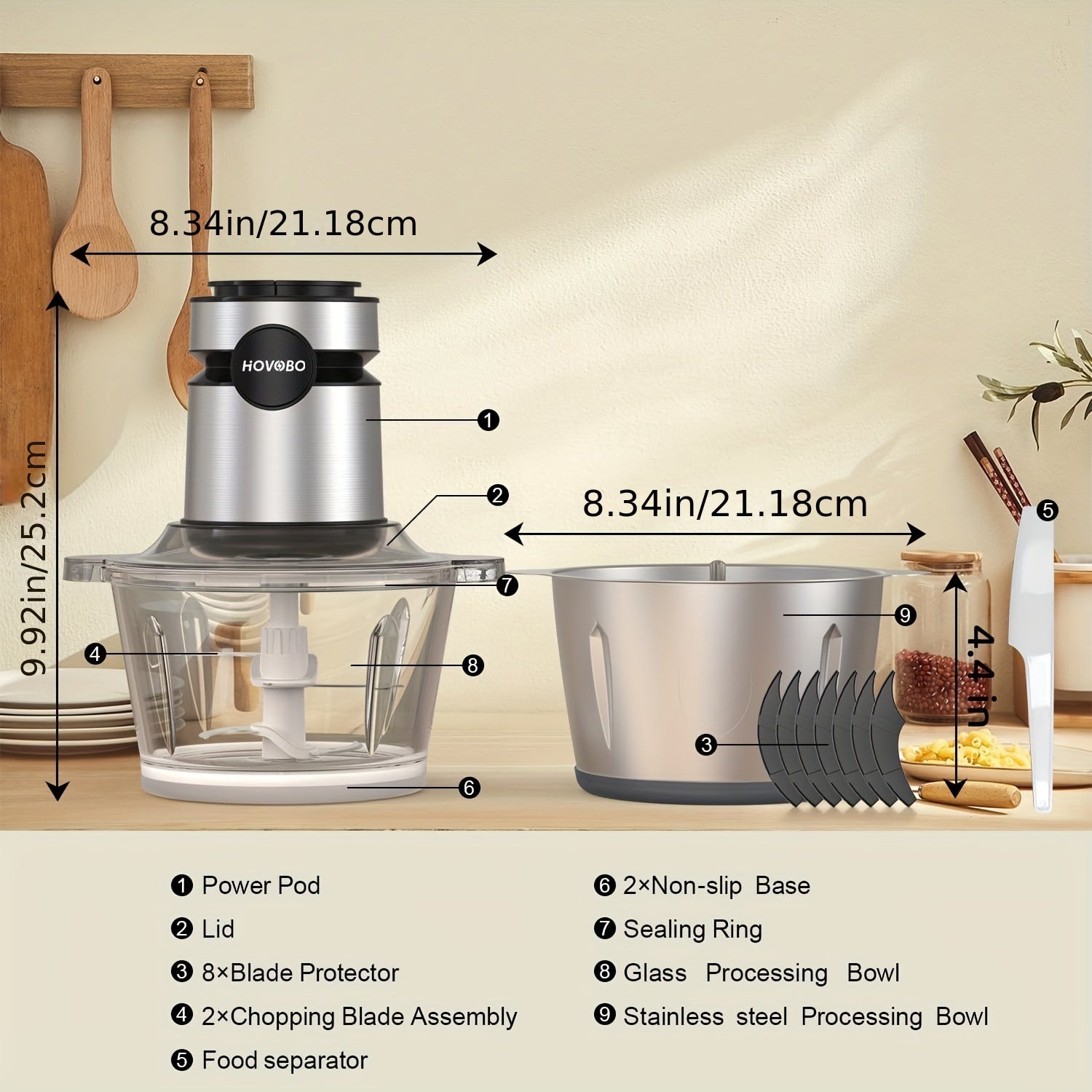 Food Processor, 500W Electric Meat Grinder Food Chopper with Two 8 Cup Bowls & 2 Bi-Level Blades, 2 Speed Kitchen Cutter for Vegetable, Onion, Garlic, Meat, Nuts, And Baby Food, Black