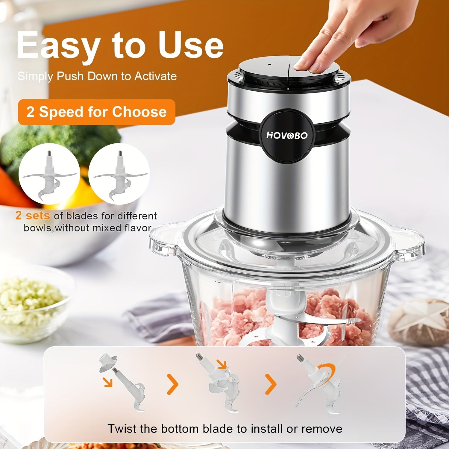 Food Processor, 500W Electric Meat Grinder Food Chopper with Two 8 Cup Bowls & 2 Bi-Level Blades, 2 Speed Kitchen Cutter for Vegetable, Onion, Garlic, Meat, Nuts, And Baby Food, Black