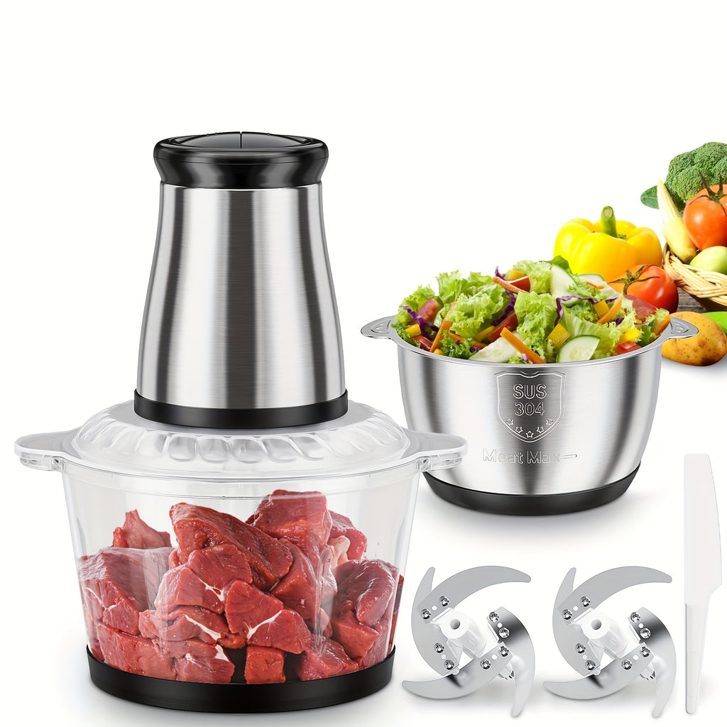 2-Speed Electric Food Processor and Meat Grinder with Powerful Motor - Heavy-Duty Dual Bowl System (8 Cup Glass & Stainless Steel Bowl), Safety Lock & Blades - for Meat, Vegetables, Nuts, Dough - Ideal for Home Kitchen & Commercial Use - Compact