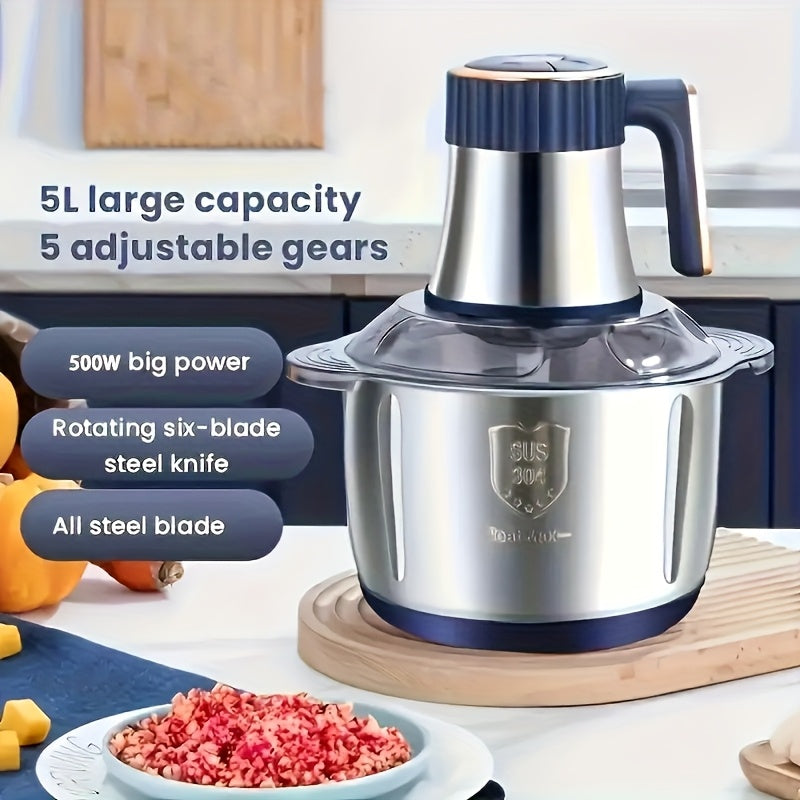 Kitchen Artifact! 1.32gal Large-capacity Multifunctional Meat Grinder Minces Meat/chopped Vegetables/dough/supplementary Food/stir Ginger And Garlic, 500W Powerful Motor, 5th Gear Adjustment, Easy Disassembly And Washing+low Noise And Anti-skid.