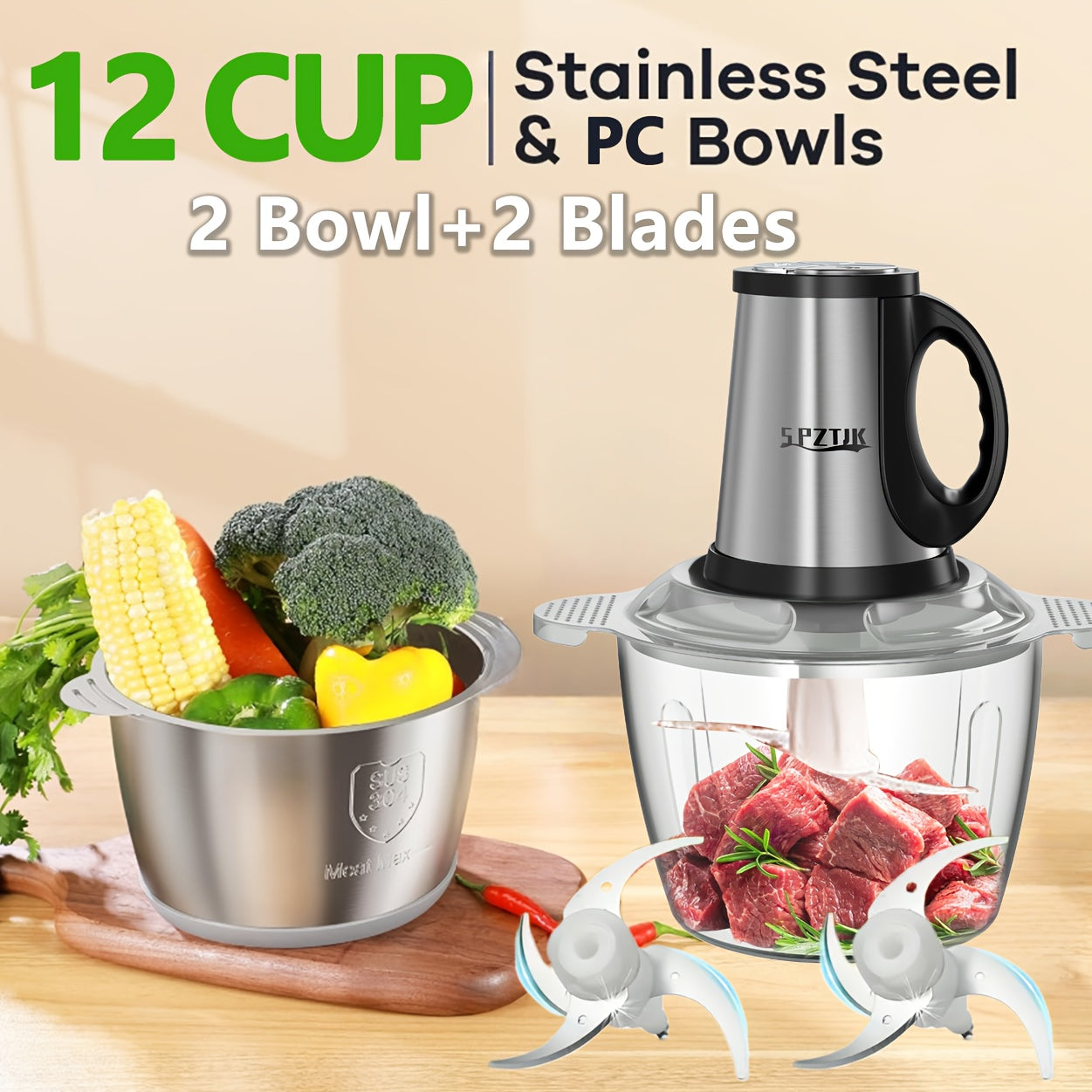 [Food Processor Electric] 2 Bowls + 2 Blades, 101, 45oz/ 3L Food Processor Electric, Stainless Steel & PC Bowls, 3 Speed Meat Grinder, Food Chopper High-Speed Dough Mixer for Vegetables, Meat, Garlic, Fruits, And Nuts, Juicer, Vegetable Chopper