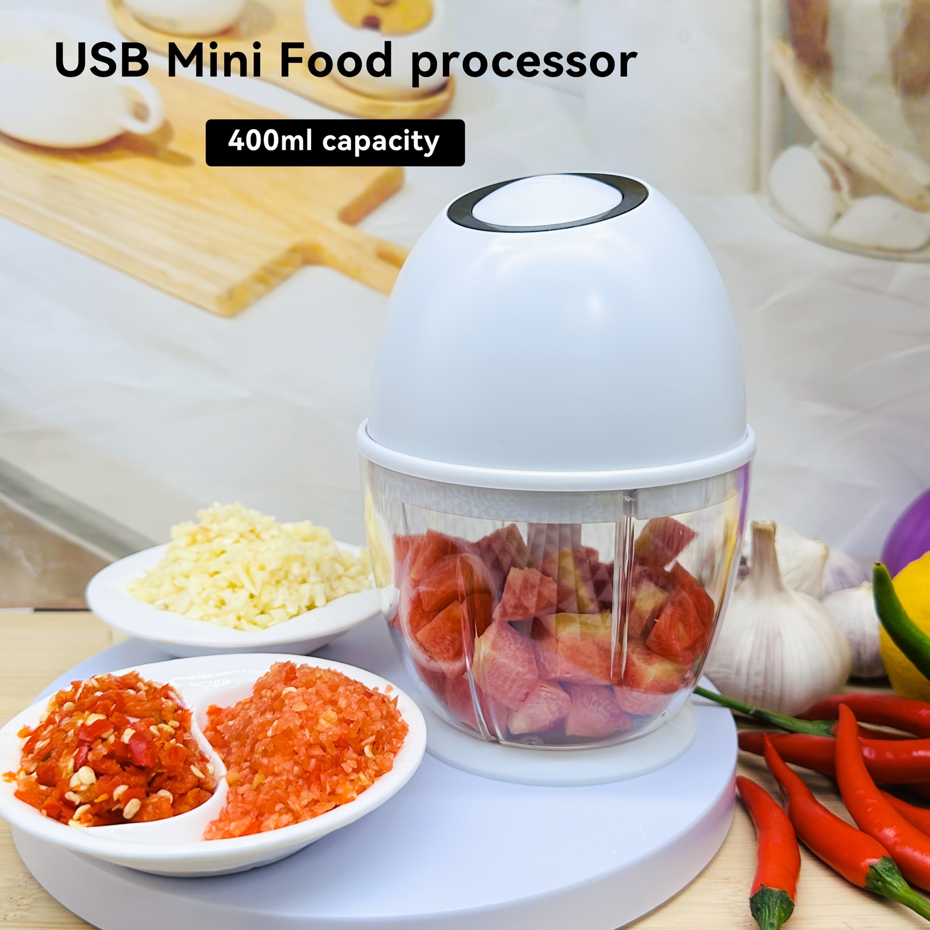 Home Series - Electric Food Processor Vegetable Chopper, 13.53oz Rechargeable Portable Meat Grinder, USB Rechargeable Garlic And Onion Chopper, Suitable for Vegetables, Ginger, Fruits, Purees, Etc., in White.