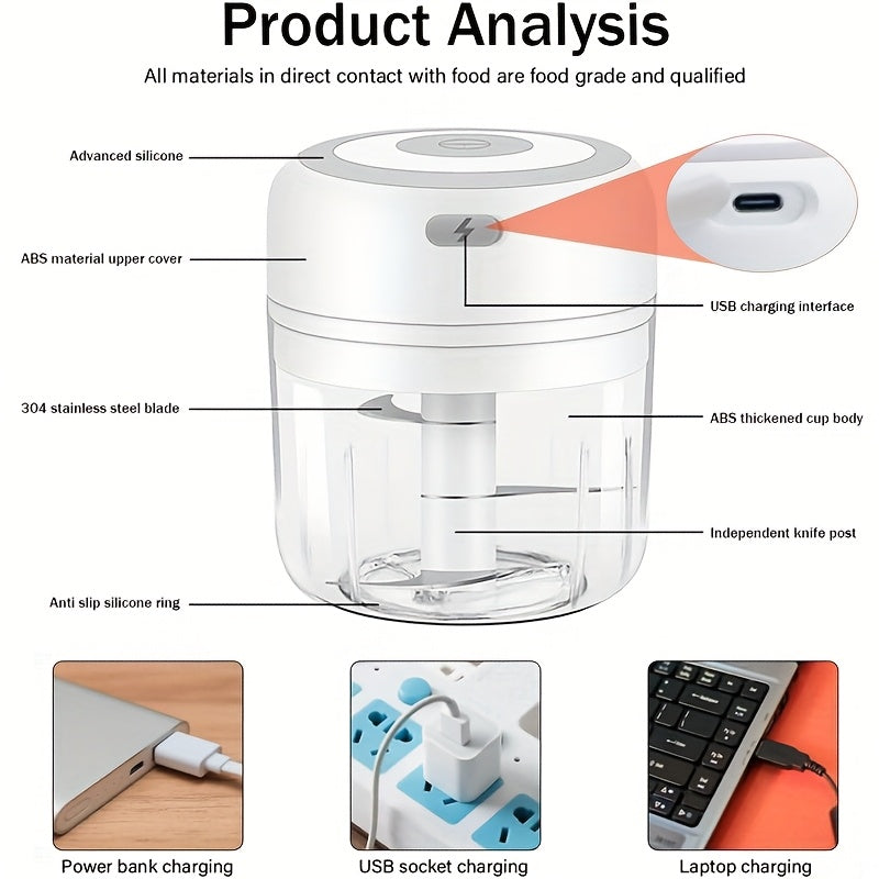 USB-Powered Electric Garlic Chopper & Vegetable Food Processor - 8.45oz Portable Mini Chopper with 1400 RPM Motor, Multi-Function for Onion, Ginger, Meat, Fruit - Includes Interchangeable Blades & Cleaning Brush, Compact Design for Quick Kitchen Prep,