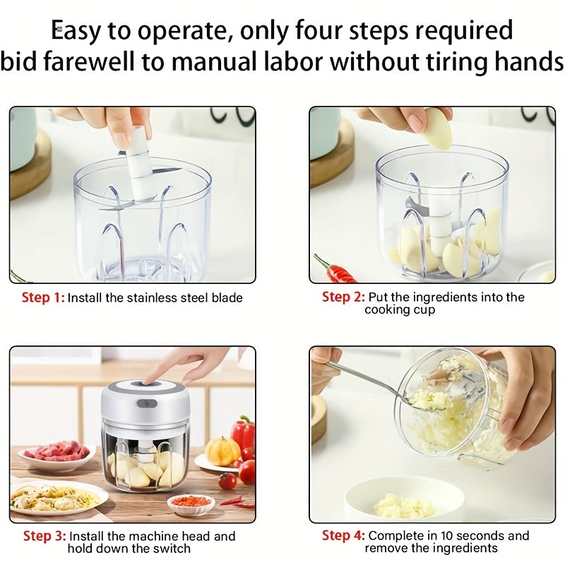 USB-Powered Electric Garlic Chopper & Vegetable Food Processor - 8.45oz Portable Mini Chopper with 1400 RPM Motor, Multi-Function for Onion, Ginger, Meat, Fruit - Includes Interchangeable Blades & Cleaning Brush, Compact Design for Quick Kitchen Prep,