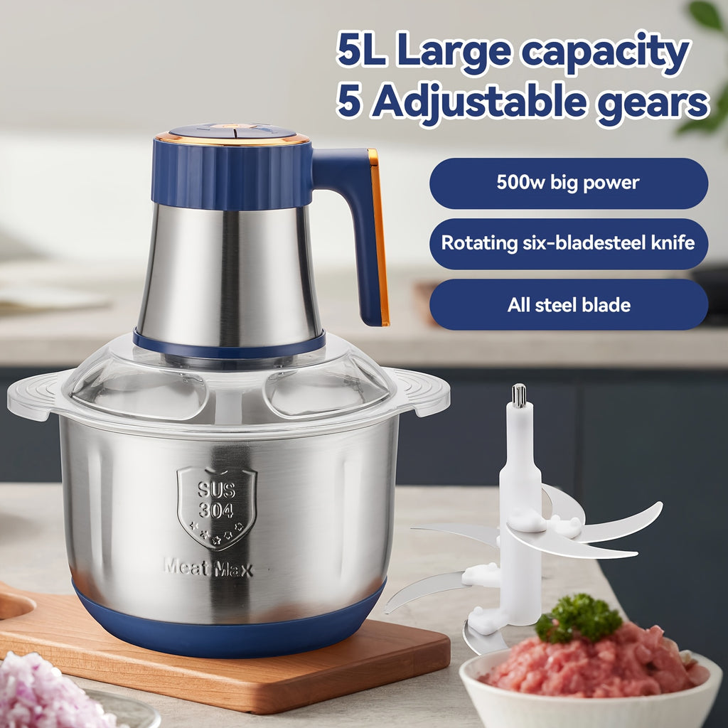 [5L Stainless Steel Food Processor] 5L Stainless Steel Food Processing Machine | 5-speed, 6-blade System, Perfect for Onions, Garlic, Salads, And Teenage Food - A Must-have In The Kitchen