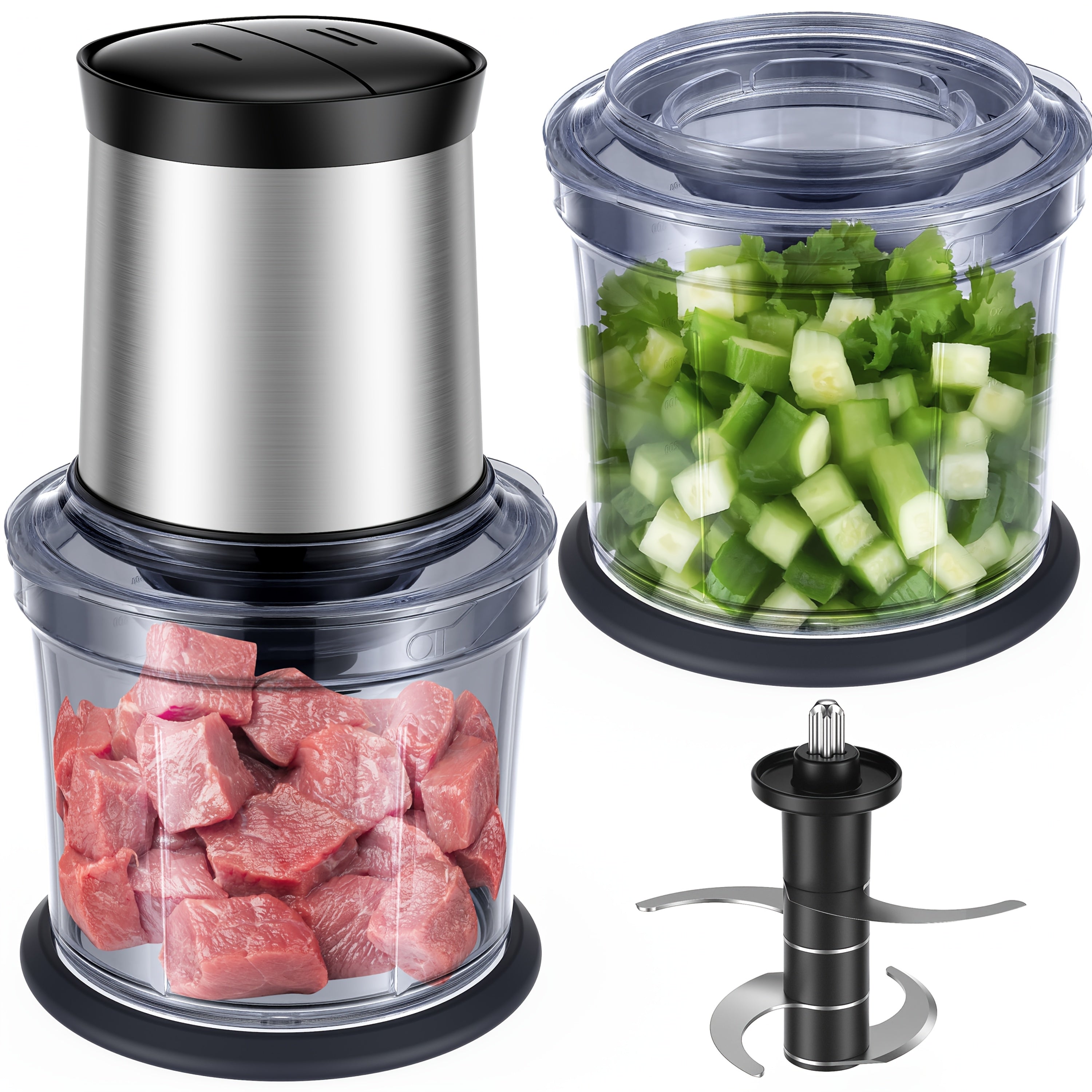 Food Commercial Mixers Processor 4 Cup, Electric Food Chopper, [Small But Powerful]Meat Grinder with 2 Bowls, 2 Speed & 4 Blades for Vegetable, Meat, Nuts, Functions for Chopping, Dicing, Mixing And Puree