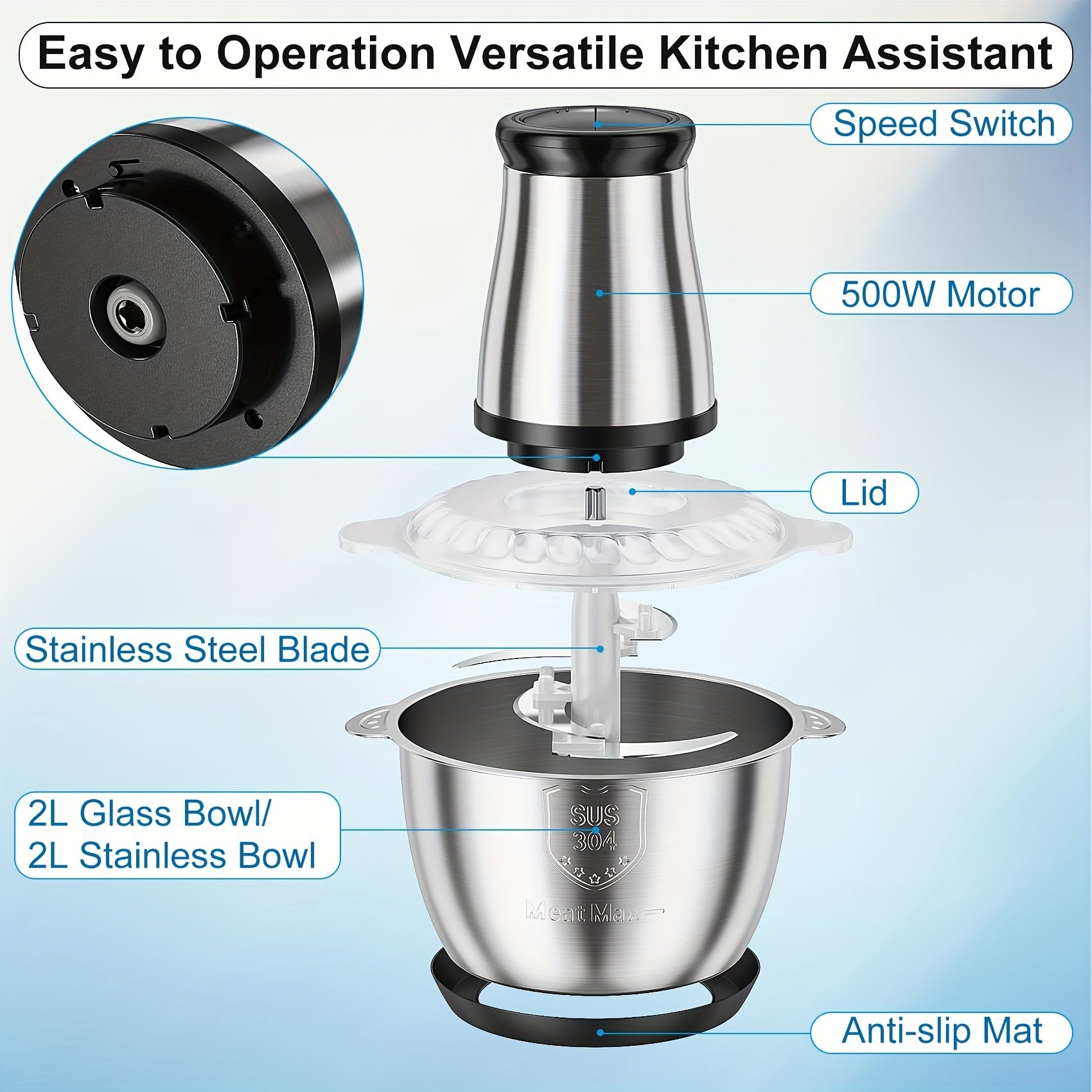2-Speed Electric Food Processor and Meat Grinder with Powerful Motor - Heavy-Duty Dual Bowl System (8 Cup Glass & Stainless Steel Bowl), Safety Lock & Blades - for Meat, Vegetables, Nuts, Dough - Ideal for Home Kitchen & Commercial Use - Compact