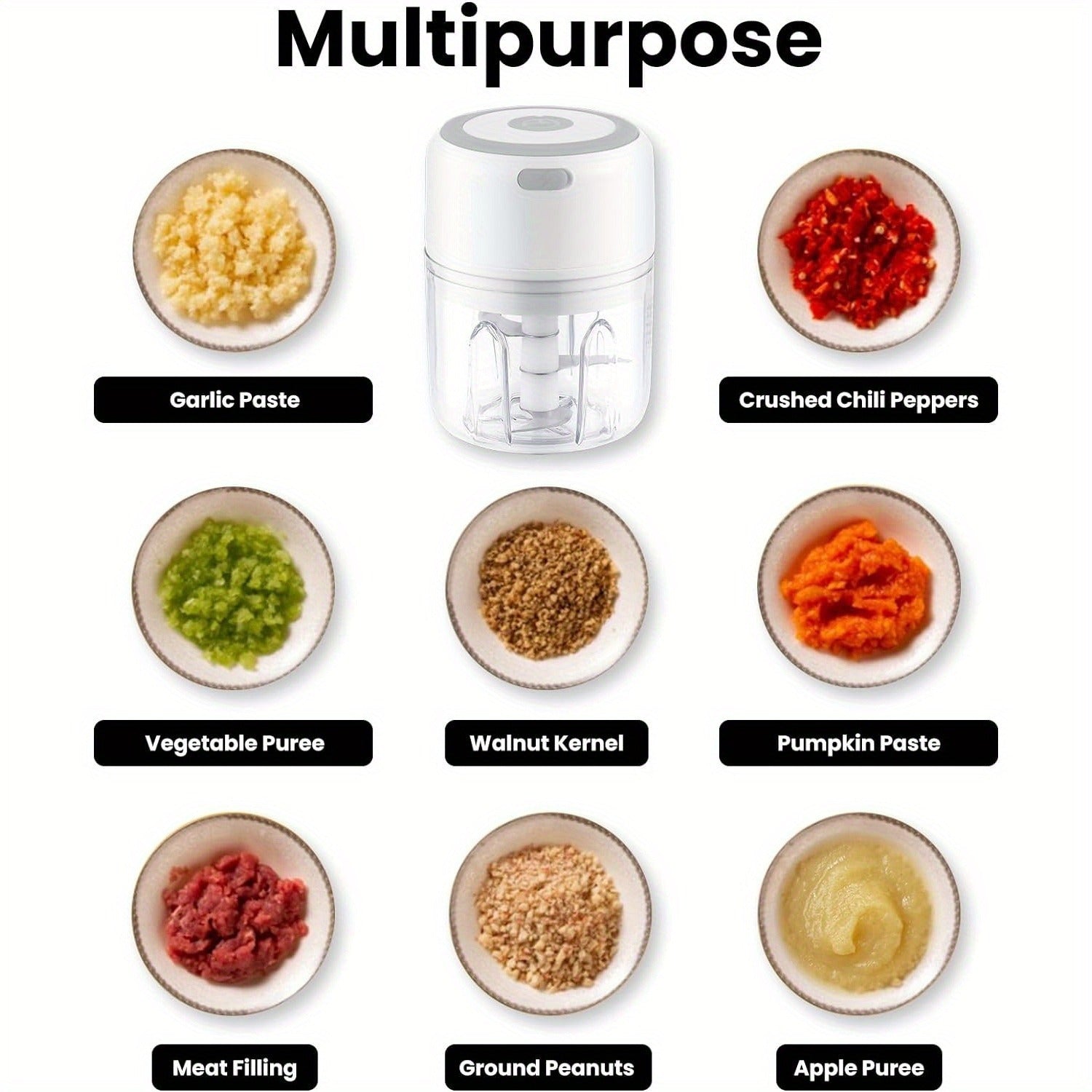 Electric Garlic Chopper, USB Rechargeable Food Processor, 8.45oz Mini Vegetable Cutter for Ginger, Chili, Meat, Fruit, Portable White Kitchen Gadget
