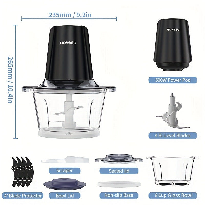 Meat Grinder, 500W Electric Chopper & Vegetable Chopper, Garlic Grinder, Food Processor Chopper with 8 Cup Glass Bowl, 2 Speed, Double Layer Blade, Suitable for Kitchen Home Use Baby Food, Meat, Onion, Vegetables