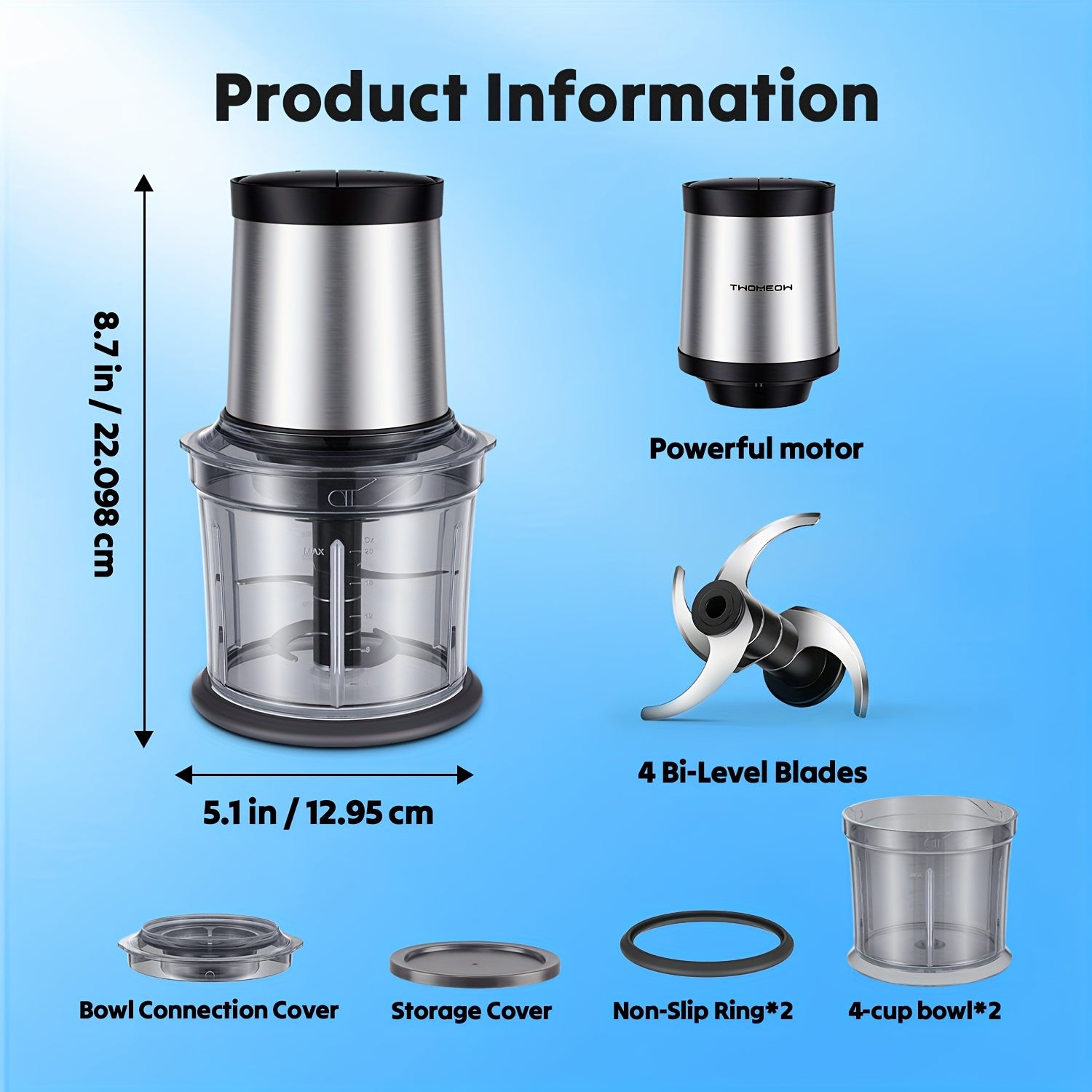 Food Commercial Mixers Processor 4 Cup, Electric Food Chopper, [Small But Powerful]Meat Grinder with 2 Bowls, 2 Speed & 4 Blades for Vegetable, Meat, Nuts, Functions for Chopping, Dicing, Mixing And Puree