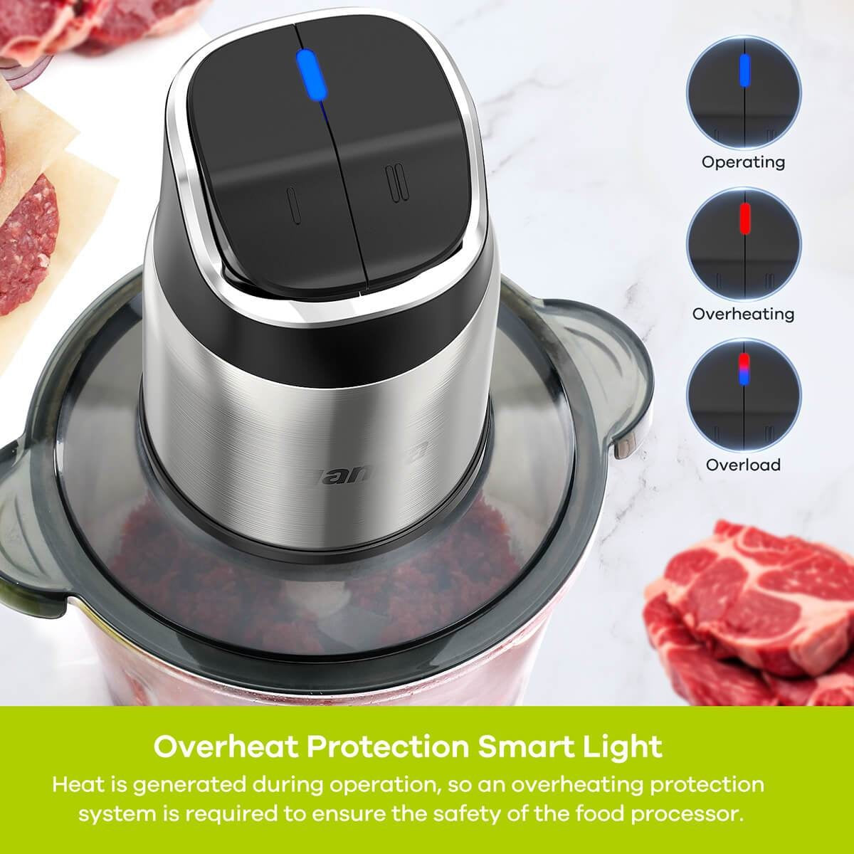 Food Processor, 2-Speed Food Chopper Meat Grinder With 8 Cup Stainless Steel & 8 Cup Glass Bowls, Upgraded Button & Smart Overheat Protection Light - Includes Clean Brush, 2 Sets Of Blades