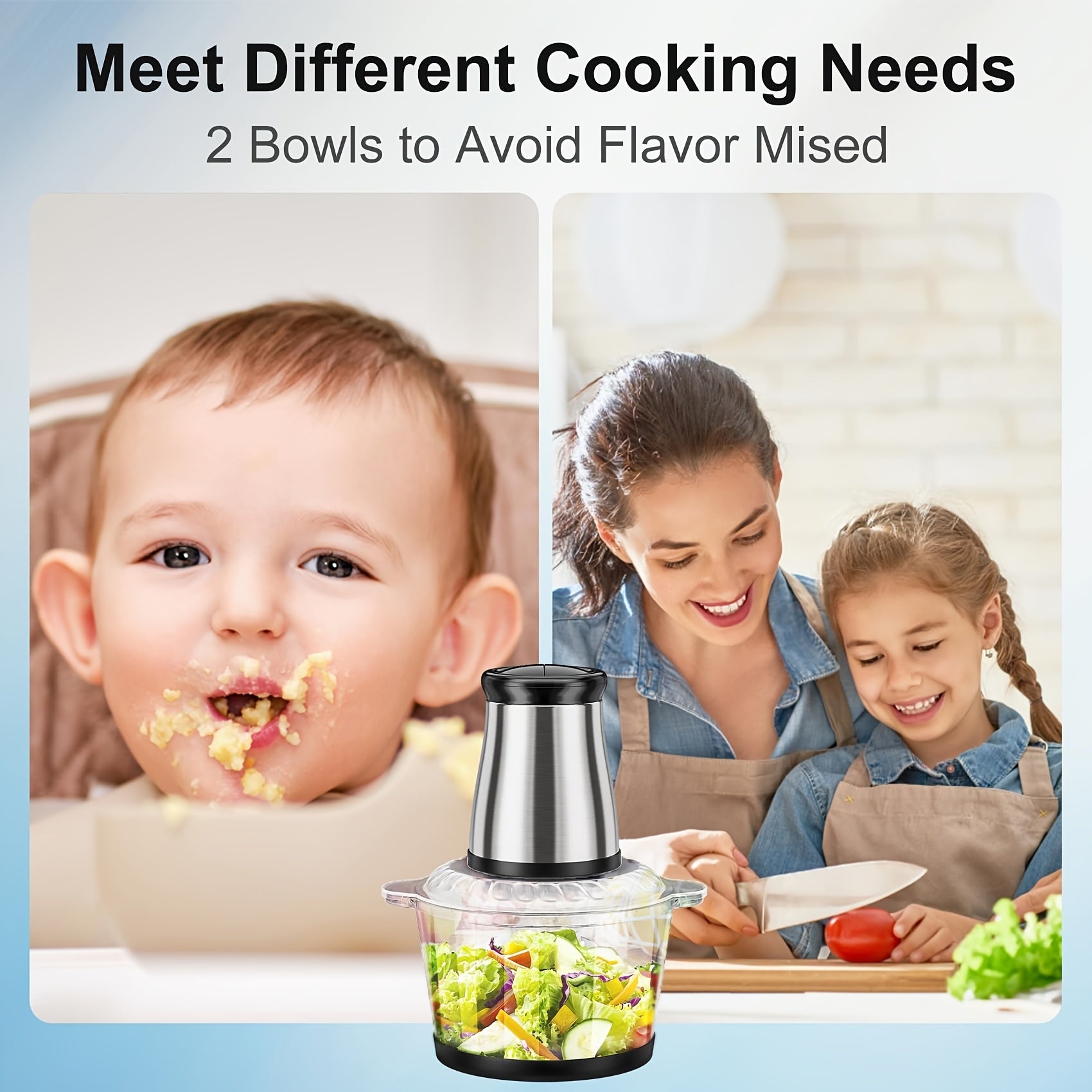 2-Speed Electric Food Processor and Meat Grinder with Powerful Motor - Heavy-Duty Dual Bowl System (8 Cup Glass & Stainless Steel Bowl), Safety Lock & Blades - for Meat, Vegetables, Nuts, Dough - Ideal for Home Kitchen & Commercial Use - Compact