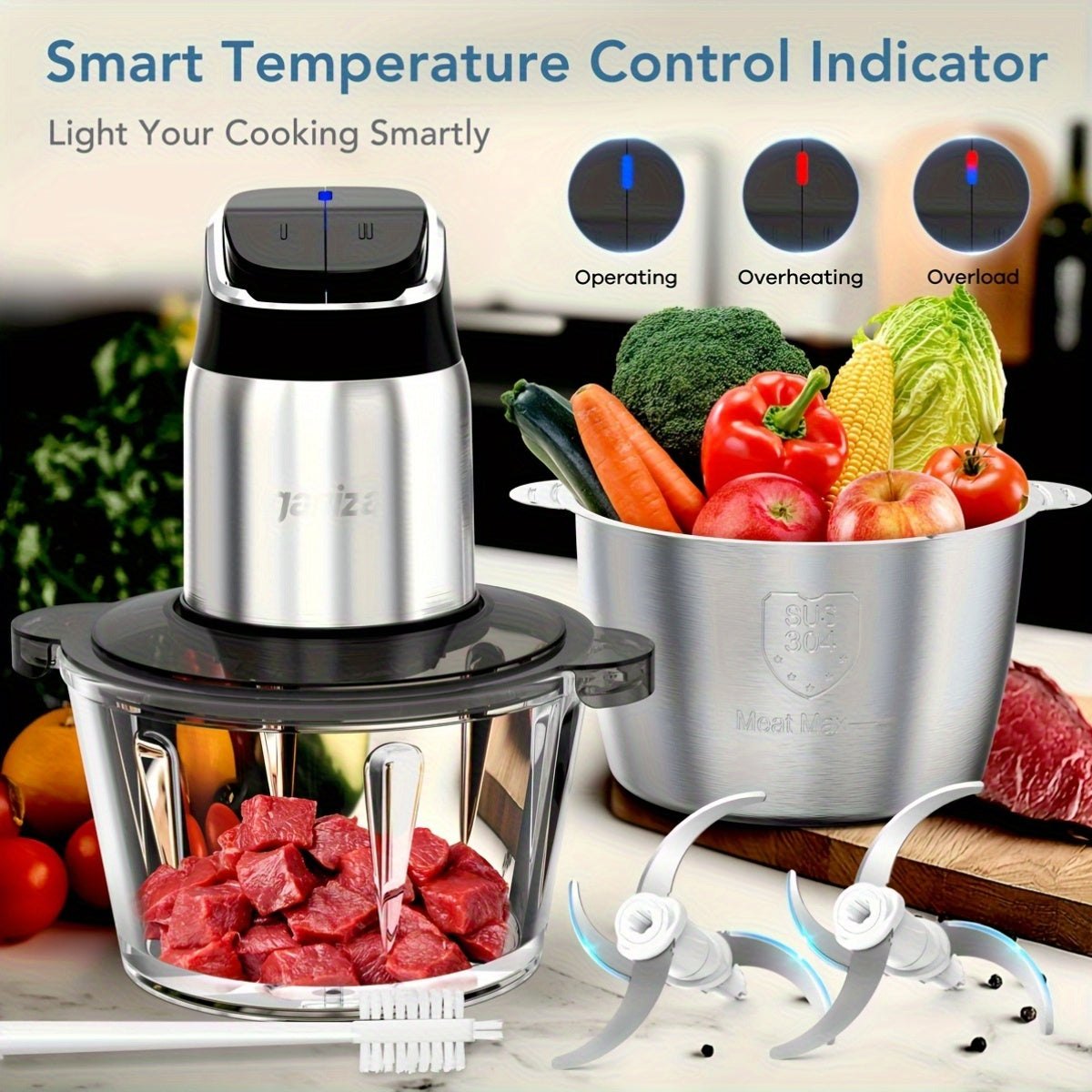Food Processor, 2-Speed Food Chopper Meat Grinder With 8 Cup Stainless Steel & 8 Cup Glass Bowls, Upgraded Button & Smart Overheat Protection Light - Includes Clean Brush, 2 Sets Of Blades