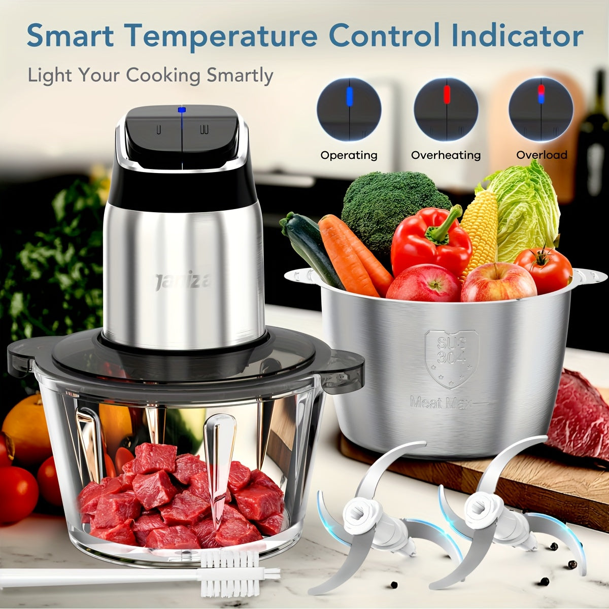 Food Processor, 2-Speed Food Chopper Meat Grinder With 8 Cup Stainless Steel & 8 Cup Glass Bowls, Upgraded Button & Smart Overheat Protection Light - Includes Clean Brush, 2 Sets Of Blades