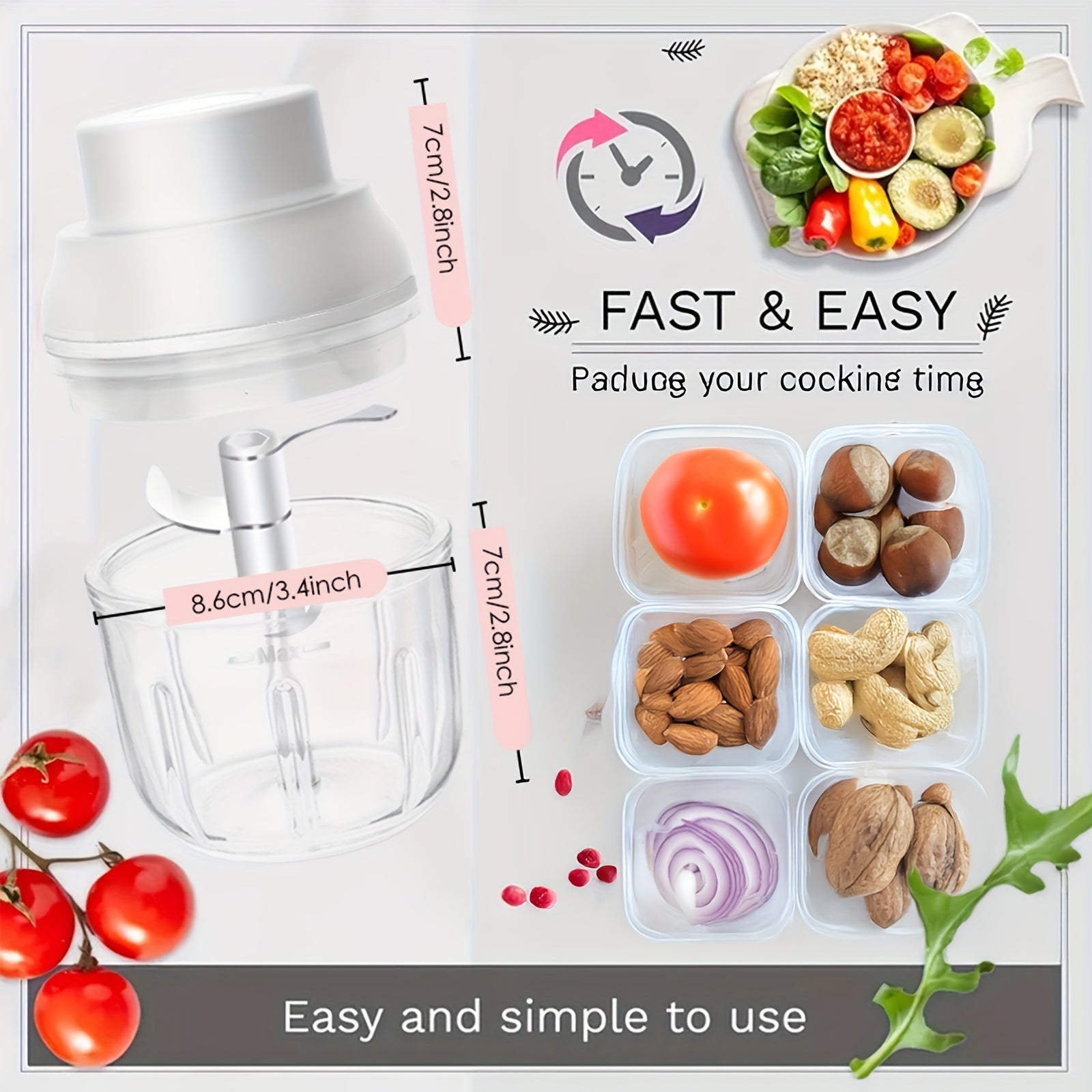 Electric Vegetable Chopper Mini Food Processor 1 Cup, Meat Grinder, Small Food Chopper With 3 Stainless Blades, 45 Watts, For Garlic, Onion, Pepper Dicing, Mincing, And Puree, Portable And Compact Size, Suitable For Outdoor, Camping, And RV Travel