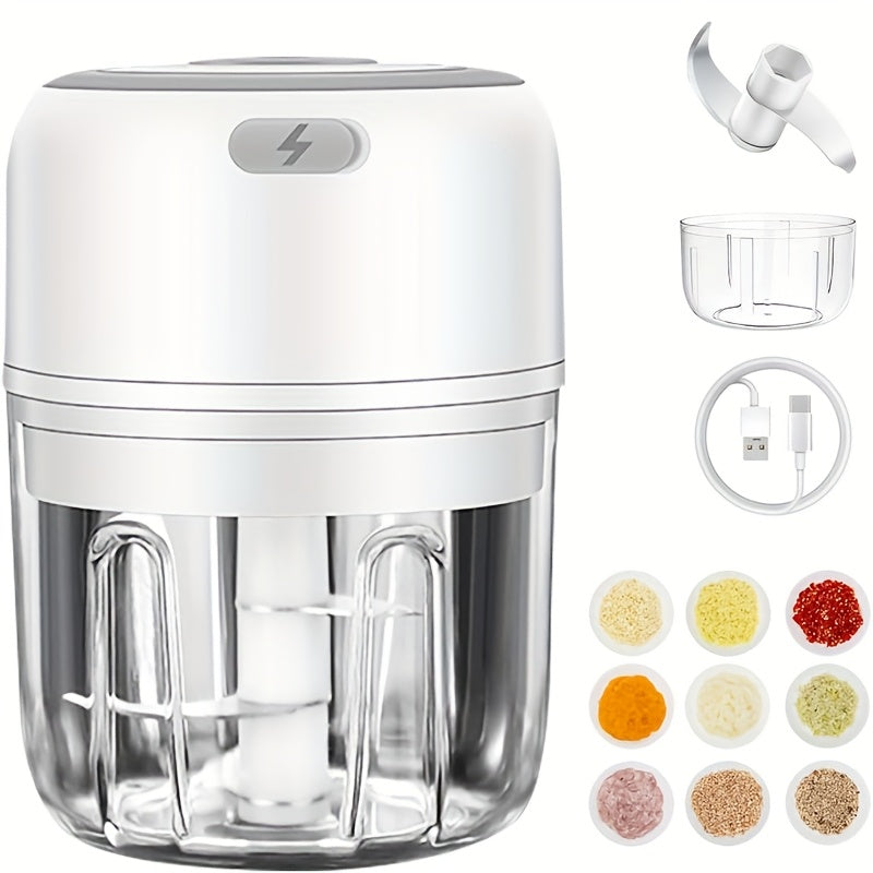 USB-Powered Electric Garlic Chopper & Vegetable Food Processor - 8.45oz Portable Mini Chopper with 1400 RPM Motor, Multi-Function for Onion, Ginger, Meat, Fruit - Includes Interchangeable Blades & Cleaning Brush, Compact Design for Quick Kitchen Prep,