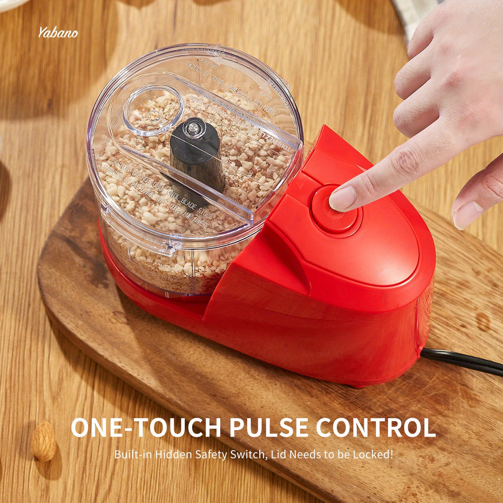 1.5-Cup Mini Electric Food Chopper, One-Touch 100W Food Processor & Meat Grinder | Mix, Chop, Mince & Blend | Easy to Clean, Stainless Steel Blade, Red, by Yabano