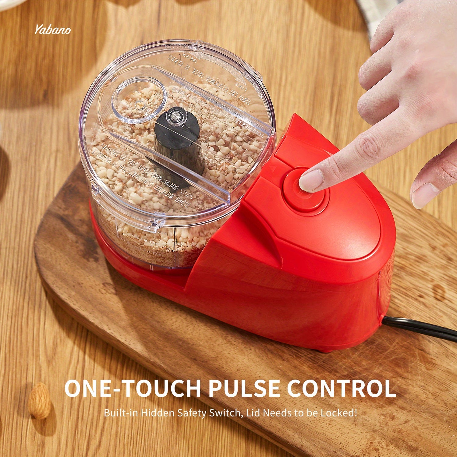 1.5-Cup Mini Electric Food Chopper, One-Touch 100W Food Processor & Meat Grinder | Mix, Chop, Mince & Blend | Easy to Clean, Stainless Steel Blade, Red, by Yabano