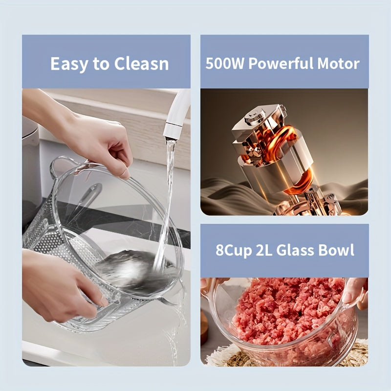 Meat Grinder, 500W Electric Chopper & Vegetable Chopper, Garlic Grinder, Food Processor Chopper with 8 Cup Glass Bowl, 2 Speed, Double Layer Blade, Suitable for Kitchen Home Use Baby Food, Meat, Onion, Vegetables
